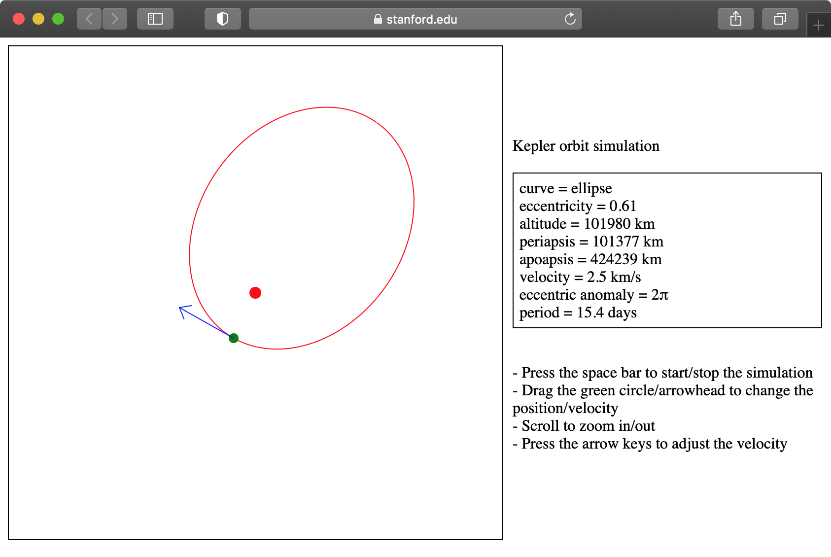 Screenshot of the kepler orbit simulation